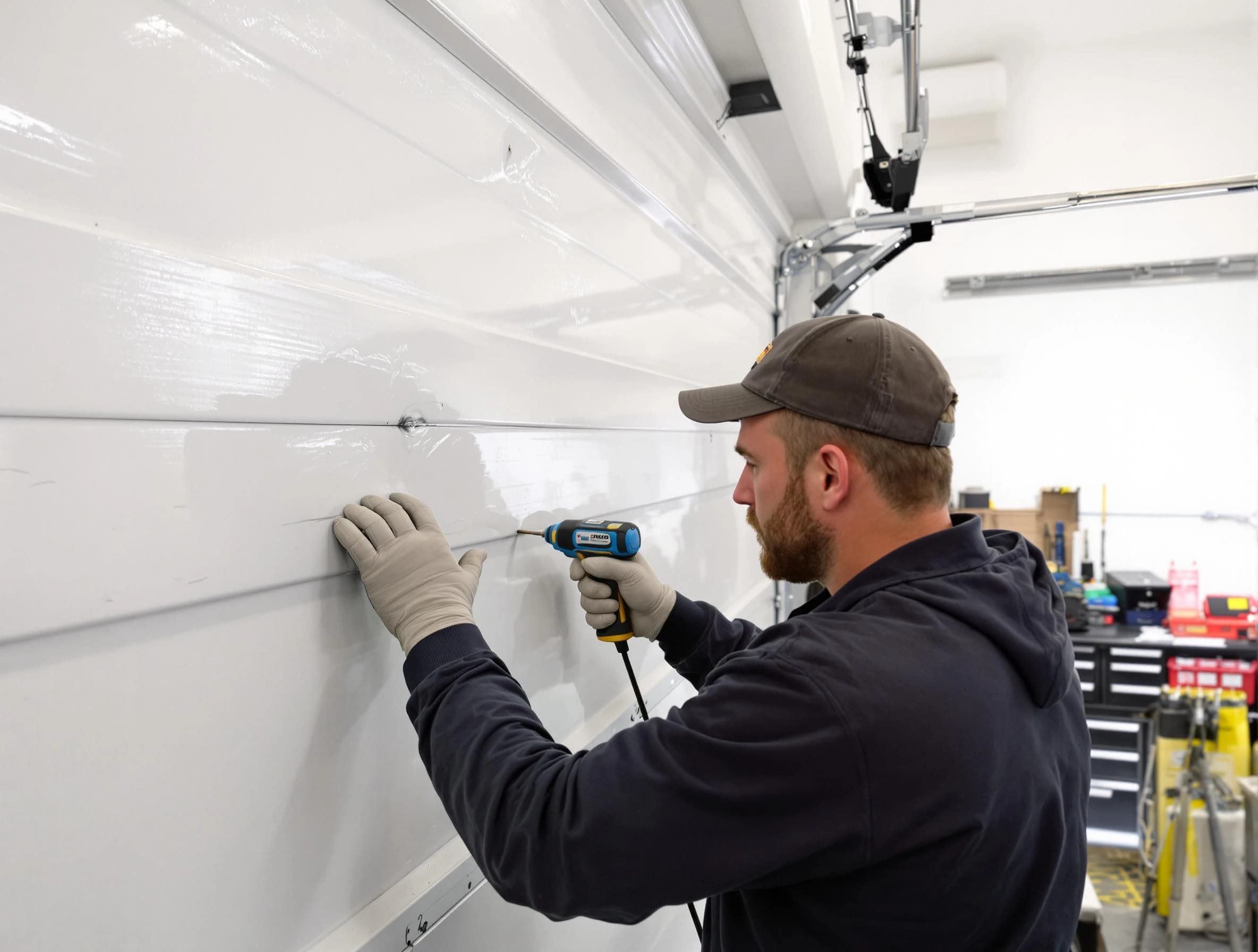 Blackwells Mills Garage Door Repair technician demonstrating precision dent removal techniques on a Blackwells Mills garage door